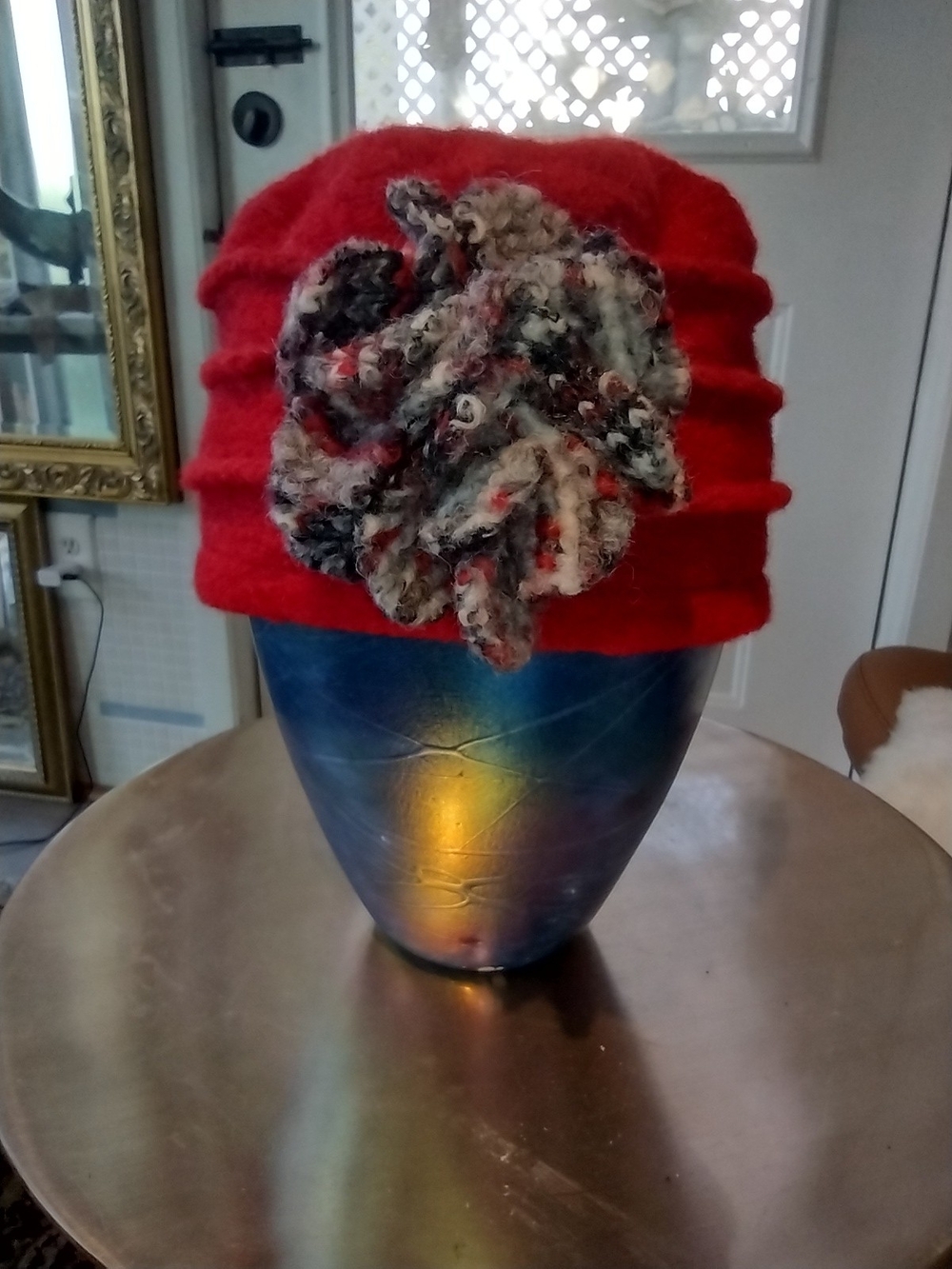 Red Wool Cloche Hat with Multicolor Flower